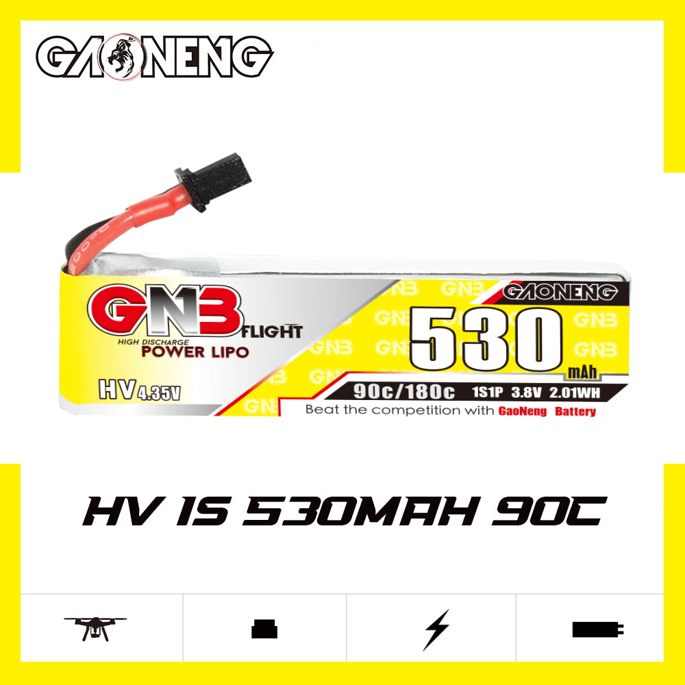 GAONENG GNB 530mAh HV 1S LiHV battery front label, 90C/180C rating and A30 connector