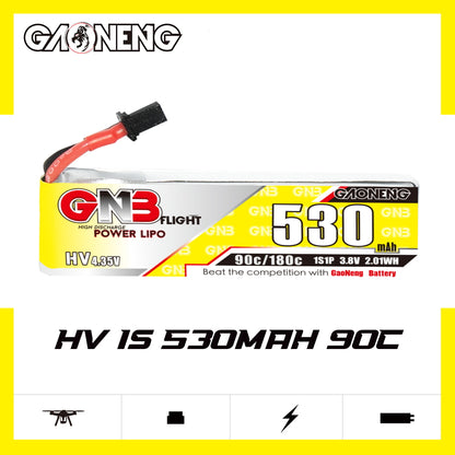 GAONENG GNB 530mAh HV 1S LiHV battery front label, 90C/180C rating and A30 connector