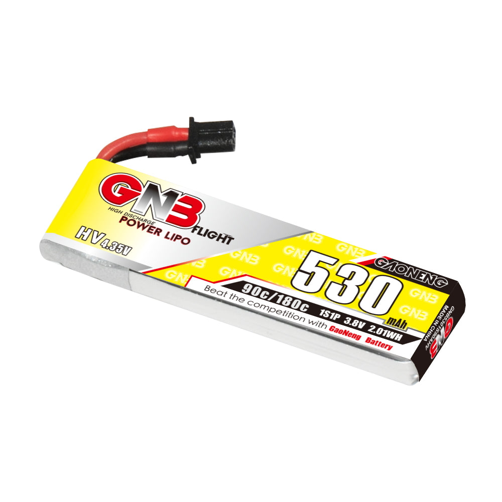 GNB 530mAh 1S LiHV 3.8V 90C LiPo battery with A30 plug lead, angled top view