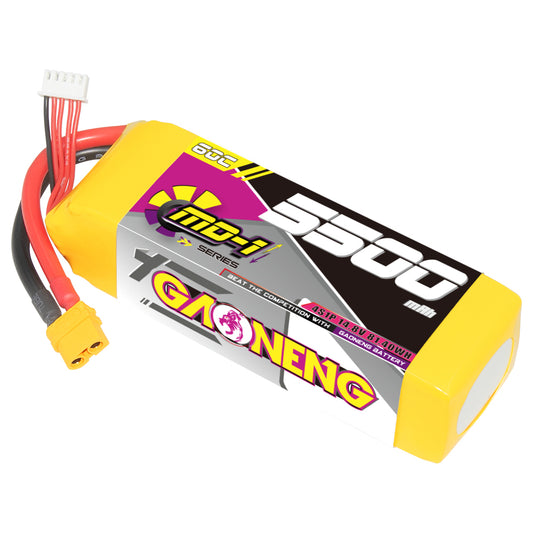 GAONENG GNB MD-1 4S 5500mAh 60C LiPo battery with XT60 plug and balance lead, angled view