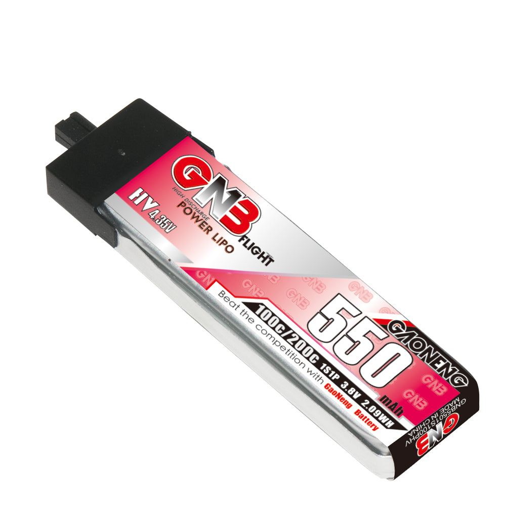 GAONENG GNB 550mAh 1S 3.8V LiHV 100C LiPo Battery, angled view showing label and A30 plug