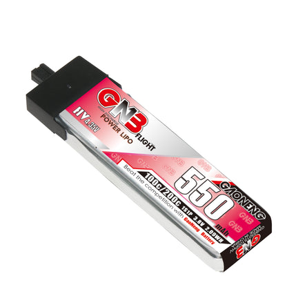GAONENG GNB 550mAh 1S 3.8V LiHV 100C LiPo Battery, angled view showing label and A30 plug