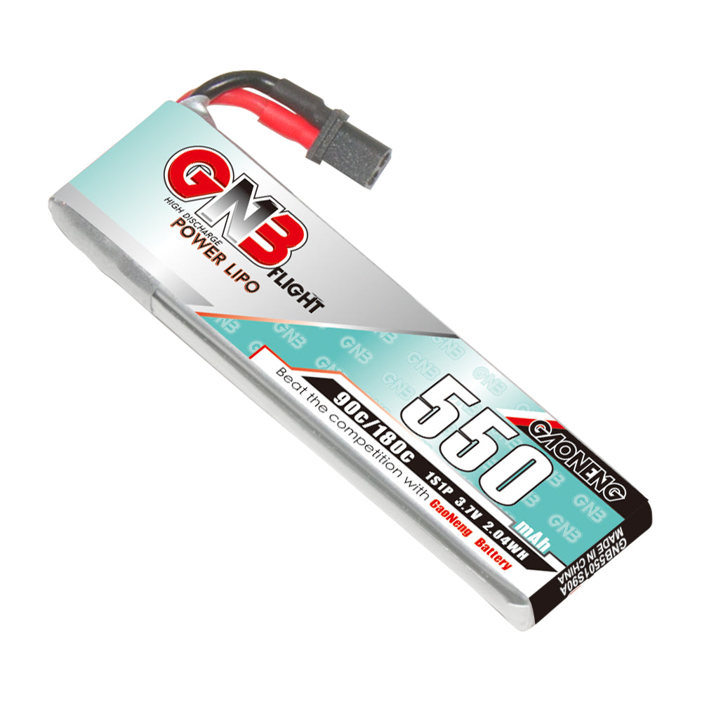 Angled close-up of GNB Flight 550mAh 1S LiPo battery with A30 connector lead