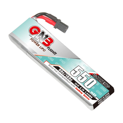 Angled close-up of GNB Flight 550mAh 1S LiPo battery with A30 connector lead