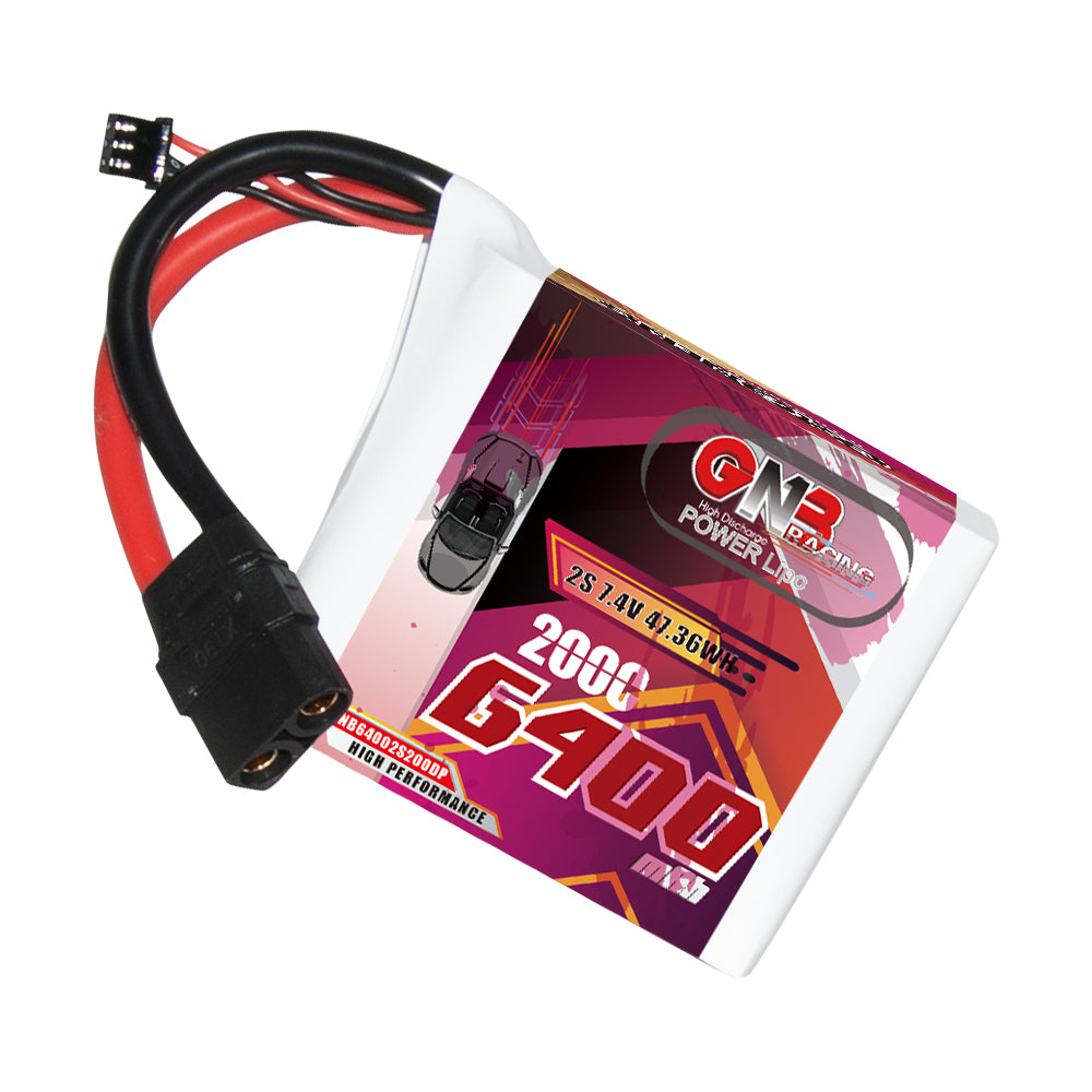 GAONENG GNB 2S 7.4V 6400mAh 200C LiPo Battery with XT90 plug and 3-pin balance lead, angled view