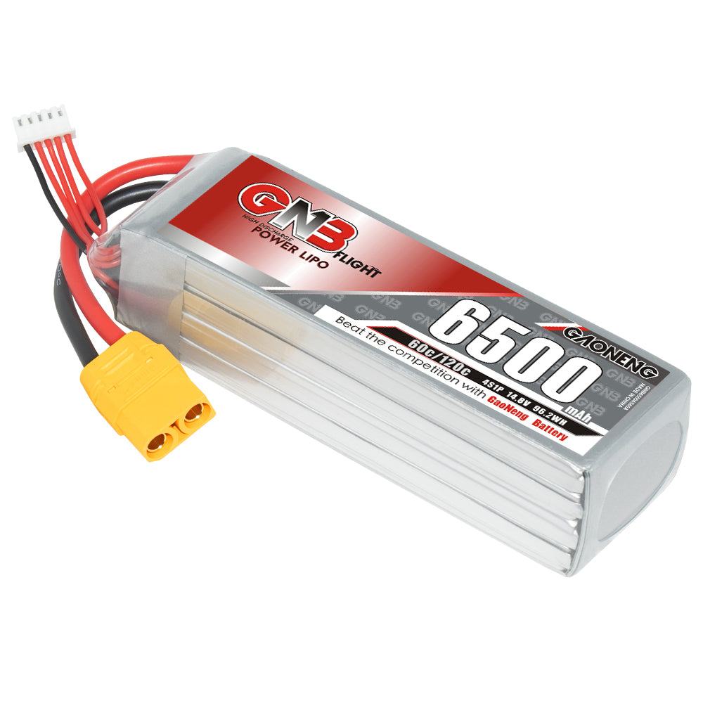GNB 4S 6500mAh 60C LiPo battery angled view with balance lead and yellow main connector