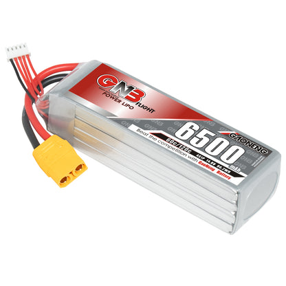GNB 4S 6500mAh 60C LiPo battery angled view with balance lead and yellow main connector