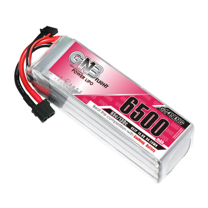 GNB 4S 6500mAh 65C LiPo battery 14.8V with XT60 lead and balance plug, angled view