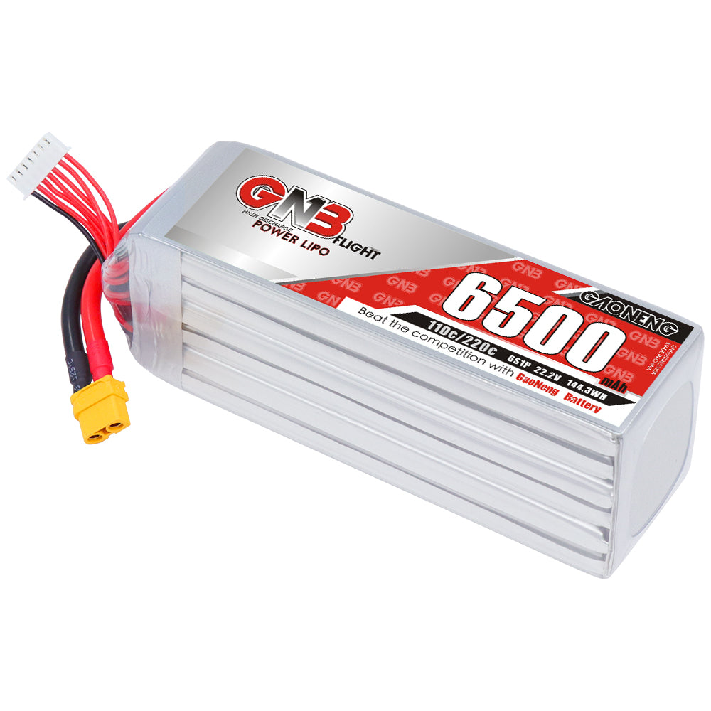 GAONENG GNB 6S 6500mAh 110C LiPo battery pack, angled view with XT60 connector and balance lead