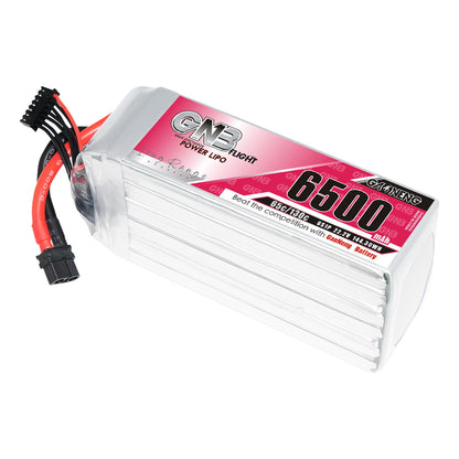 GNB 6S 6500mAh 65C LiPo battery pack 22.2V with XT60 connector and balance lead, angled view