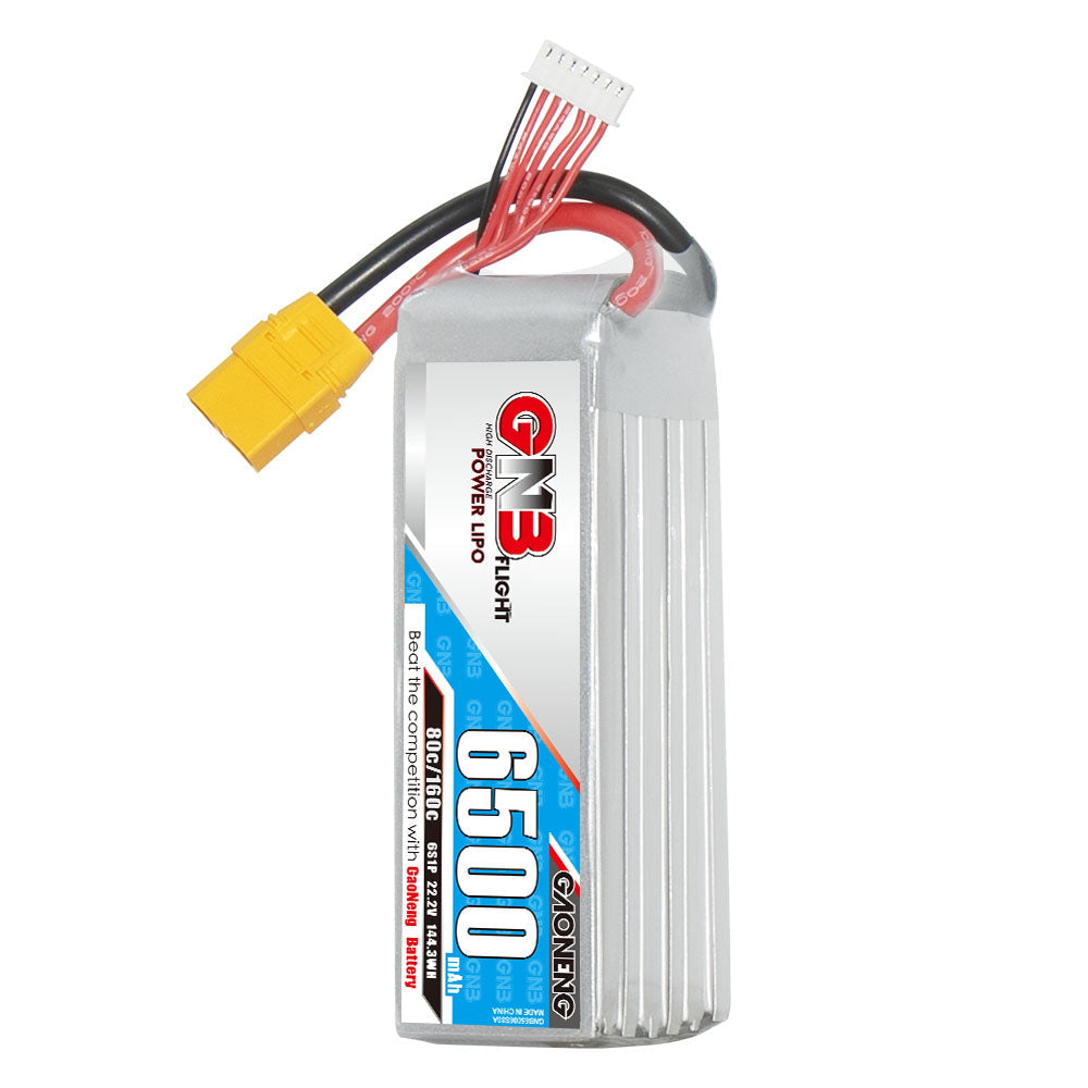GAONENG GNB 6S 6500mAh 80C LiPo battery with XT90 plug and balance lead, upright view