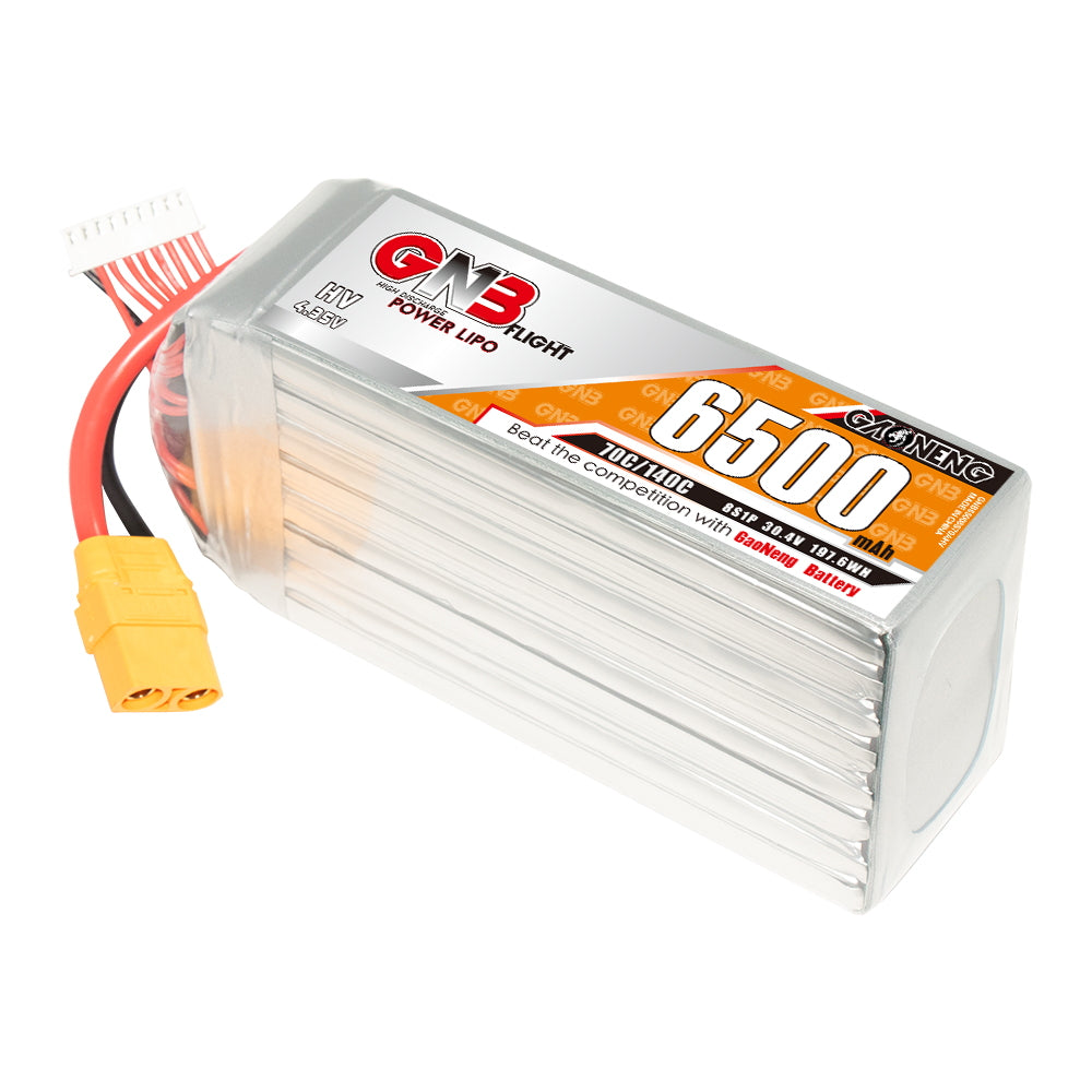 GNB 6500mAh LiHV LiPo battery angled view showing main power lead and white balance plug