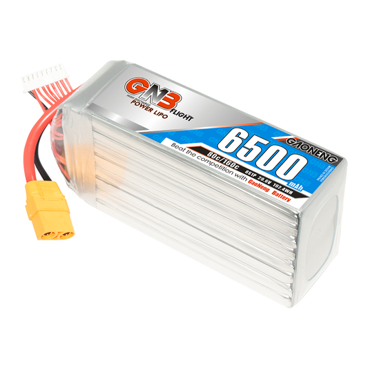 GAONENG GNB 8S 6500mAh 80C LiPo battery with XT90 plug and balance lead, angled view