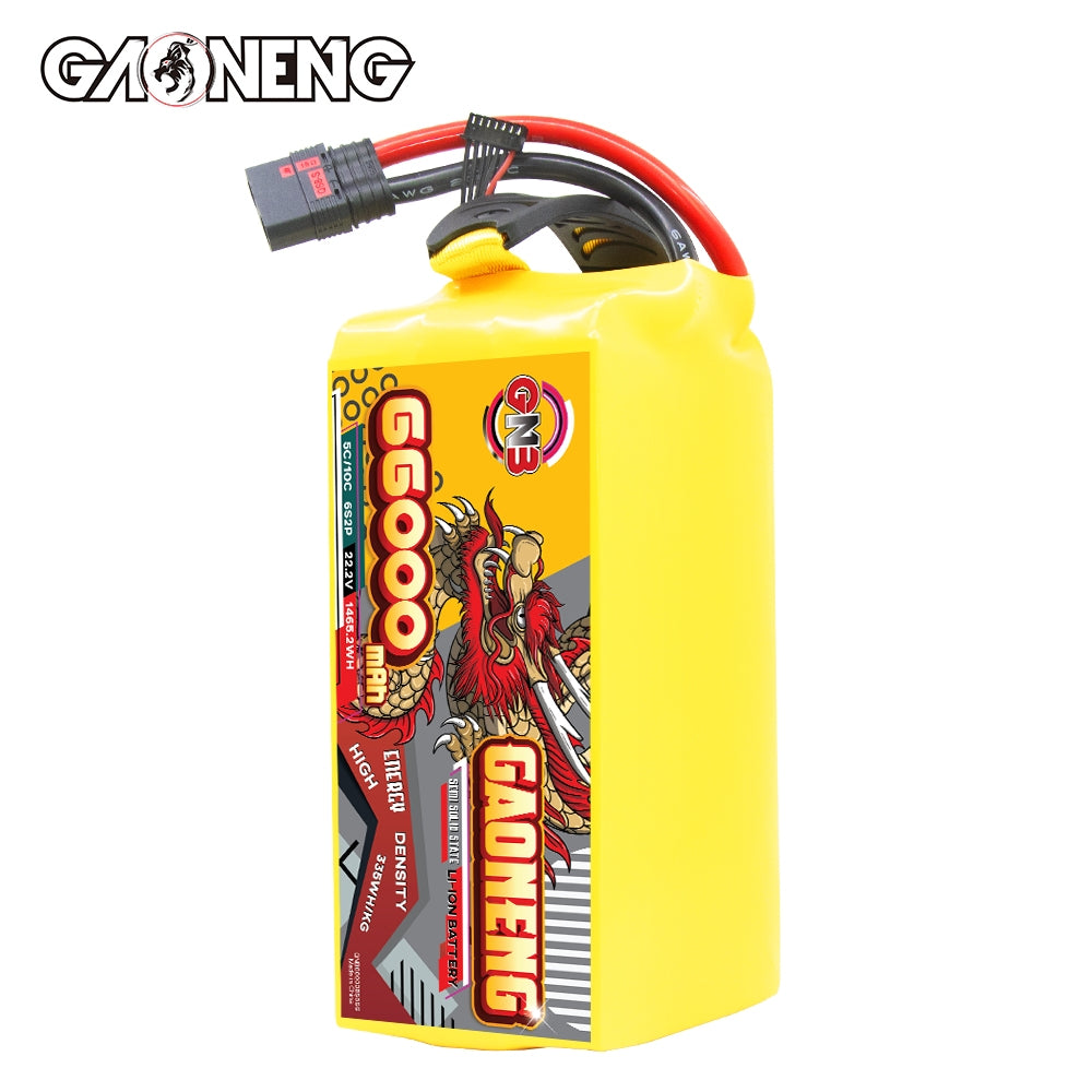 Upright front/side view of GAONENG 66000mAh battery pack showing dragon label and QS8 cable exit