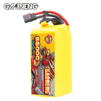 Upright front/side view of GAONENG 66000mAh battery pack showing dragon label and QS8 cable exit
