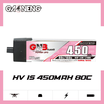 GAONENG GNB450 450mAh HV 1S 80C battery on white banner, side profile