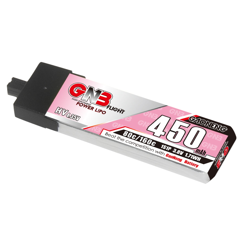 GAONENG GNB450 1S 3.8V 450mAh 80C LiHV LiPo battery with A30 connector, angled view