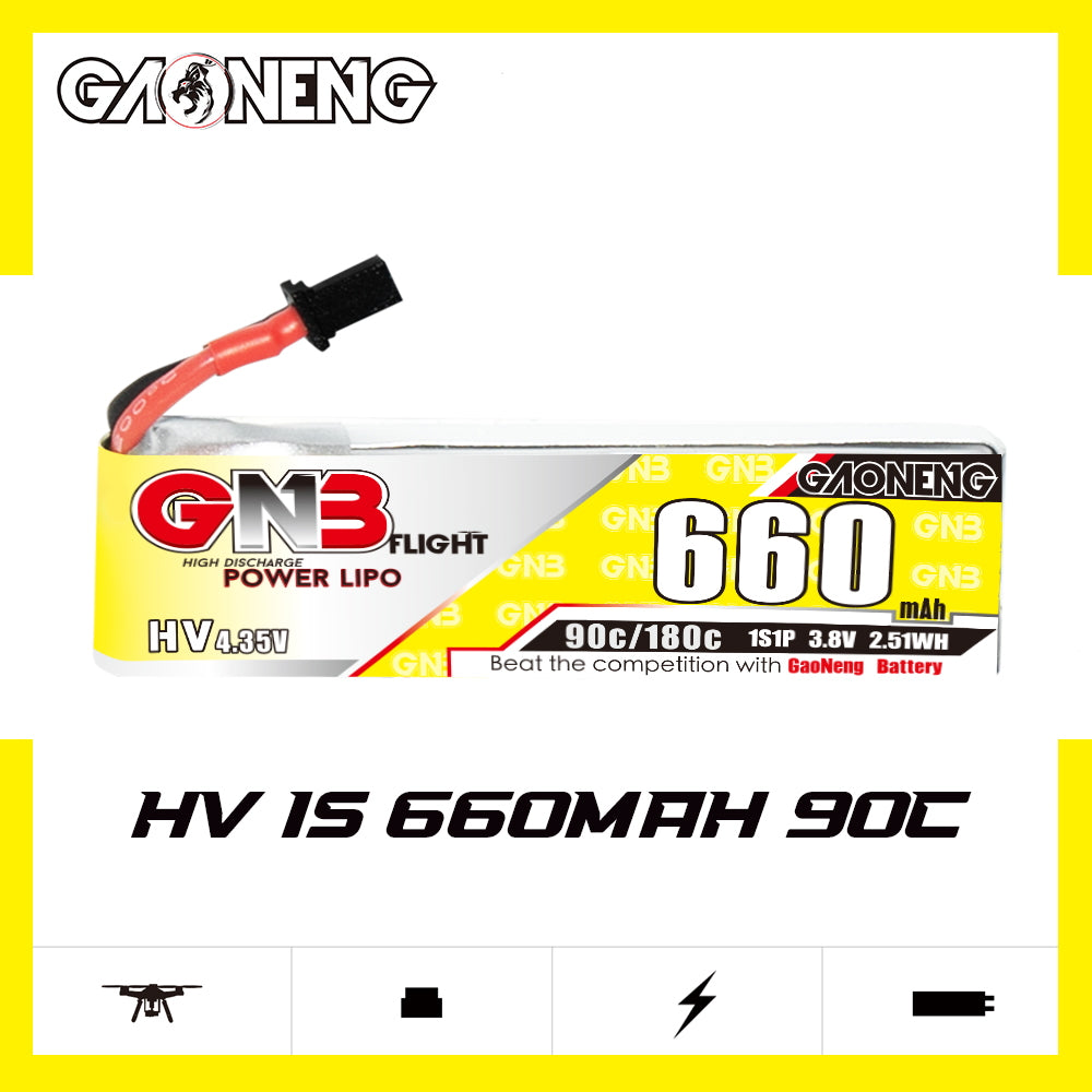 GAONENG GNB 660mAh HV 1S LiHV 90C micro FPV battery, label side shown on white background