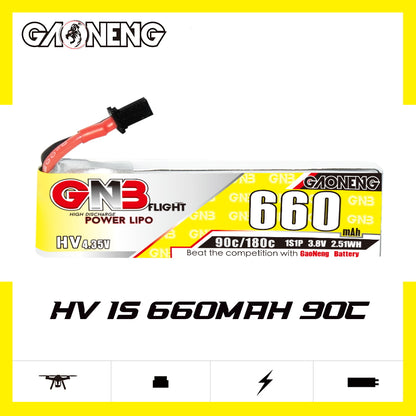 GAONENG GNB 660mAh HV 1S LiHV 90C micro FPV battery, label side shown on white background