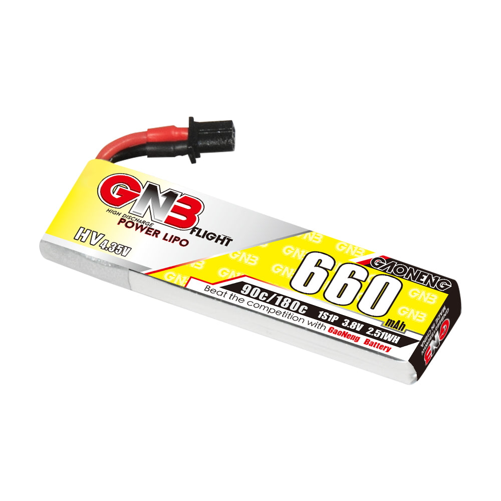 GAONENG GNB 660mAh 1S 3.8V LiHV 90C LiPo battery with A30 cabled connector, angled view