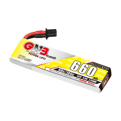 GAONENG GNB 660mAh 1S 3.8V LiHV 90C LiPo battery with A30 cabled connector, angled view