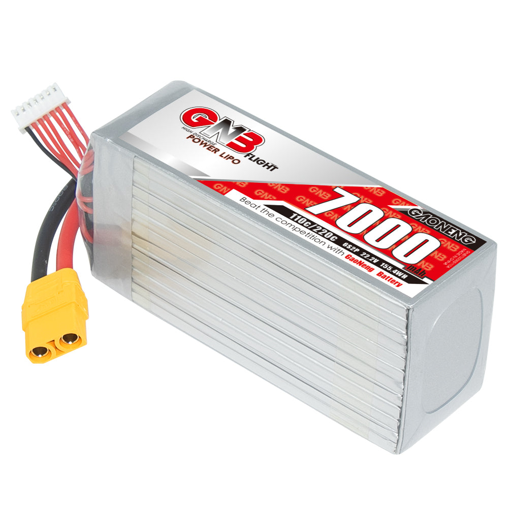 GAONENG GNB 6S 22.2V 7000mAh 110C LiPo battery with XT90 connector, angled top view
