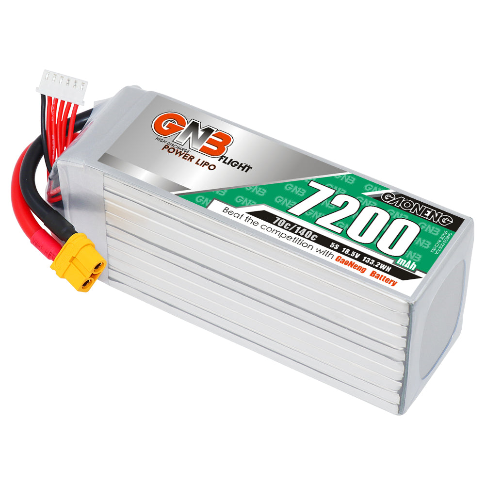 GNB 5S 7200mAh 70C LiPo battery pack with XT60 plug and balance lead, silver hard case
