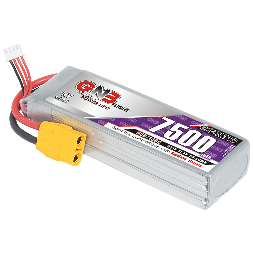 GNB 3S 11.4V 7500mAh 65C LiHV LiPo battery with XT90 plug and balance lead, angled view