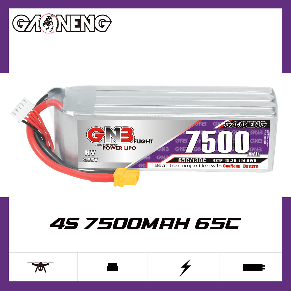 Side profile of GAONENG GNB 4S 7500mAh 65C LiPo with label and XT60 lead, 4S 7500mAh 65C graphic