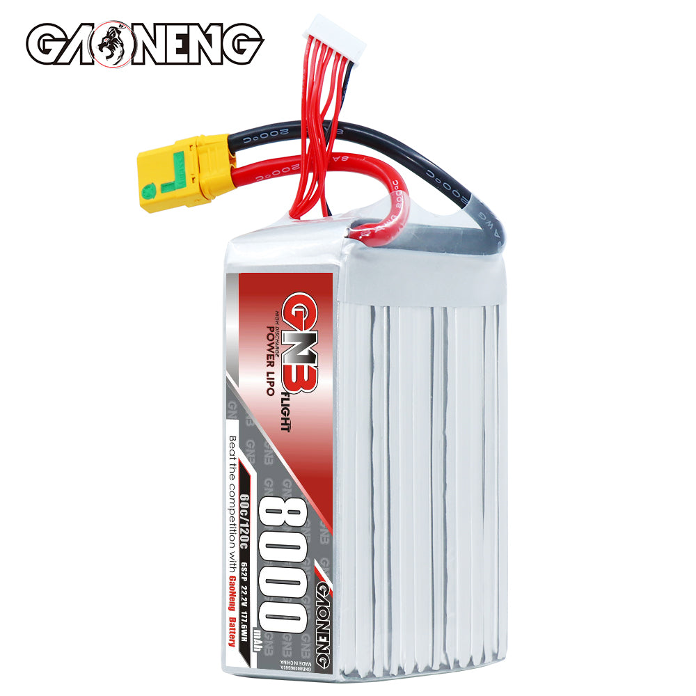 Front view of GAONENG 8000mAh battery standing upright with wires on top and XT90S plug visible