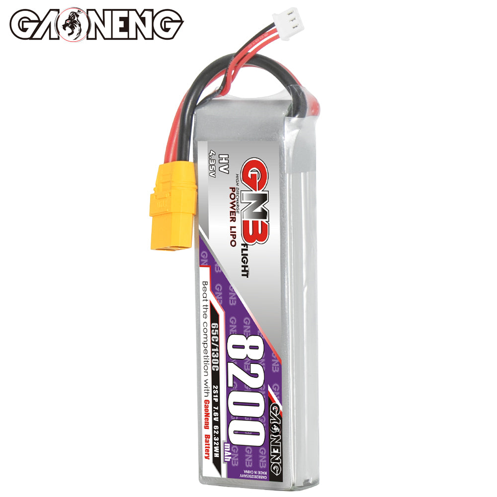 Upright front view of GNB HV LiPo pack with 8200 label, XT90 connector, and balance lead