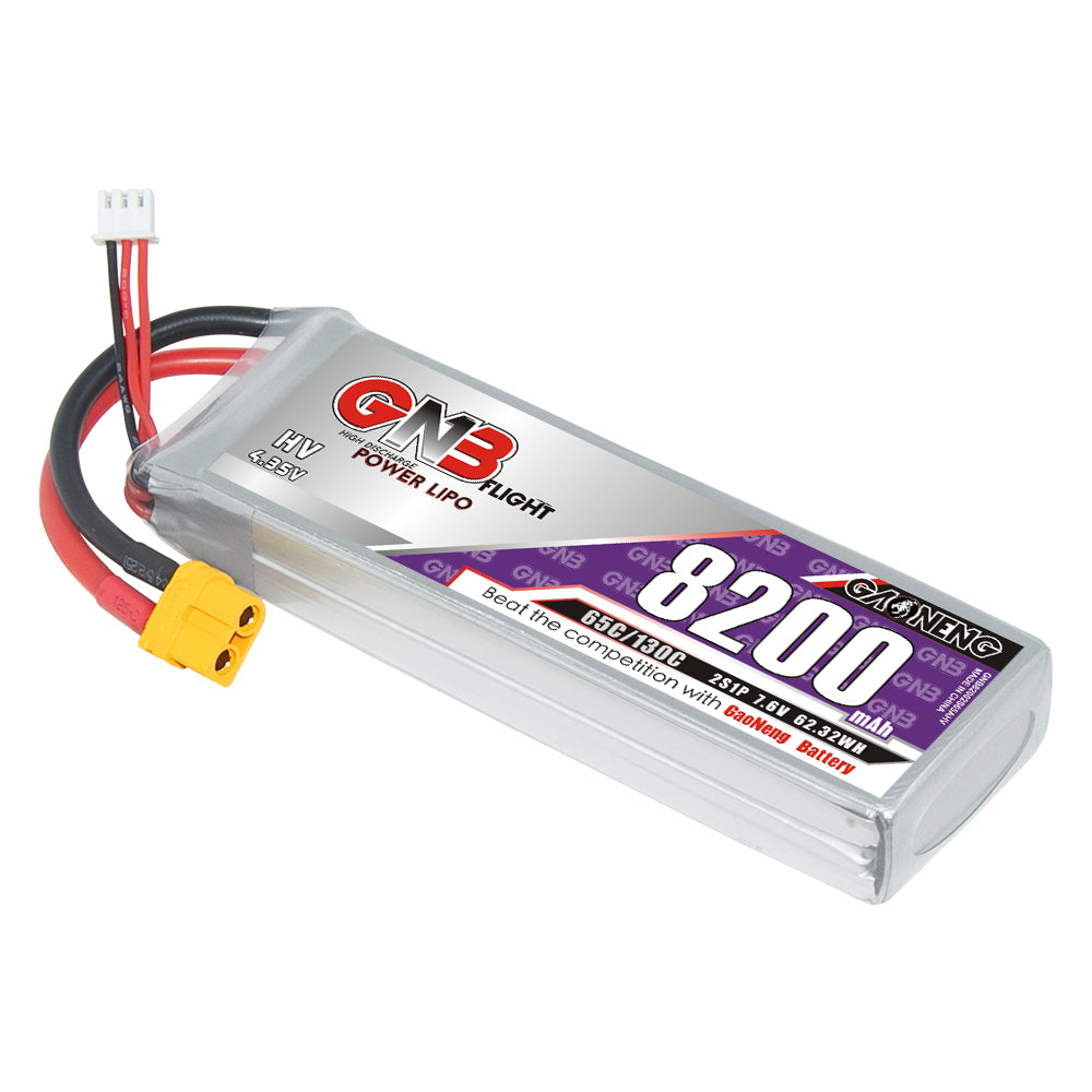 GAONENG GNB HV 2S 7.6V 8200mAh 65C LiPo battery pack with XT60 plug and balance lead