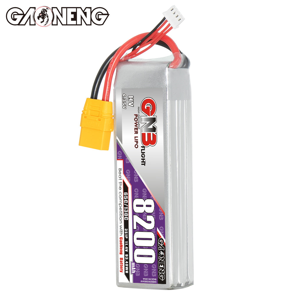 Vertical front label view of GNB HV LiPo battery showing 8200mAh branding and balance lead