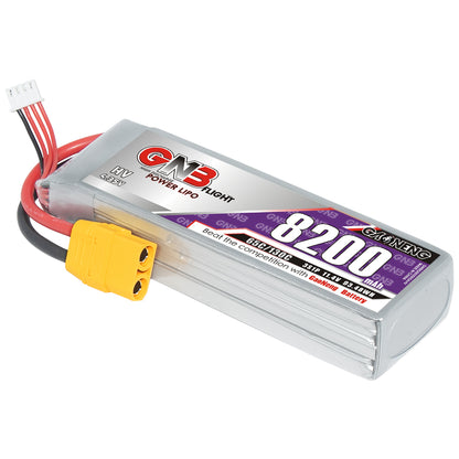 GAONENG GNB 3S 11.4V 8200mAh 65C HV LiPo battery with XT90 connector, angled view
