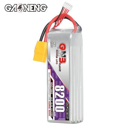 Single battery front view showing GN3 8200 label and attached XT90 power connector