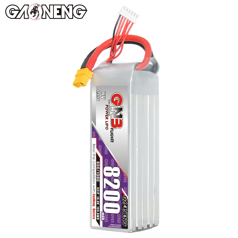 Single upright view of GNB HV 5S 8200mAh LiPo battery showing balance lead and XT60 plug