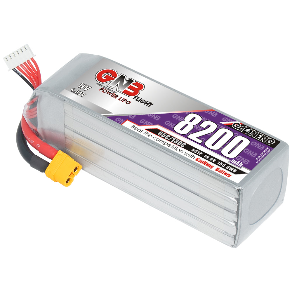 GNB HV 5S 8200mAh 65C LiPo battery with XT60 connector and balance lead, angled view