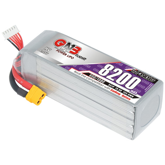GNB HV 5S 8200mAh 65C LiPo battery with XT60 connector and balance lead, angled view