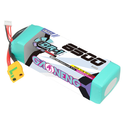 GNB DR-1 3S 11.1V 8500mAh 150C LiPo battery pack with XT90S anti-spark connector, angled view
