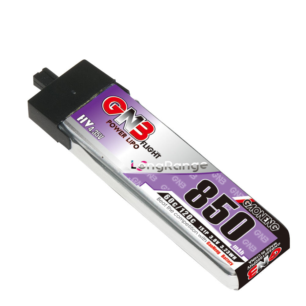 Angled close-up of GNB 850mAh 1S HV 3.8V LiPo battery with A30 plug