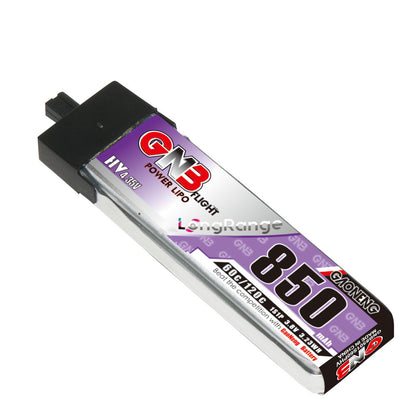 Angled close-up of GNB 850mAh 1S HV 3.8V LiPo battery with A30 plug