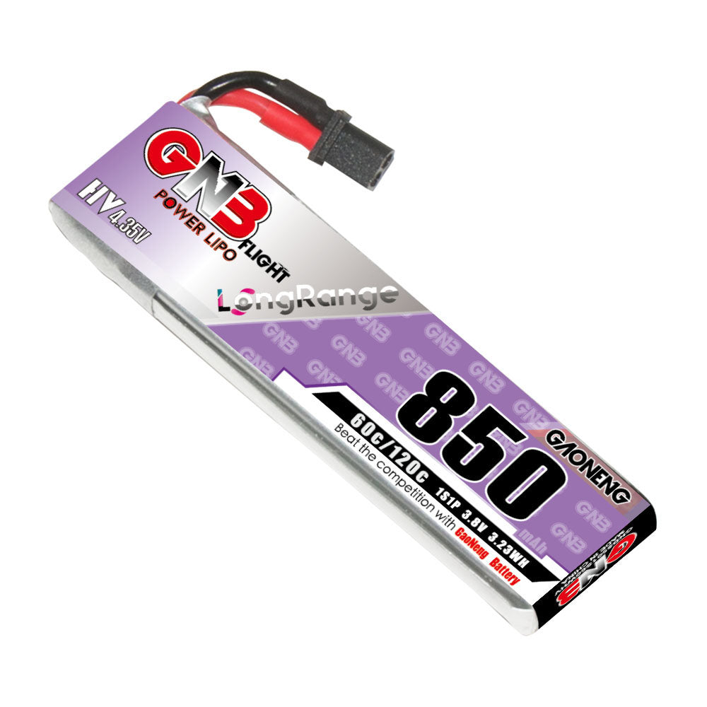 GNB 850mAh 1S LiHV battery angled view showing A30 cabled connector and label