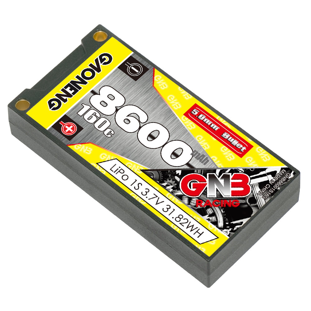 GNB 8600mAh 160C 1S hard case LiPo battery, angled top view with label