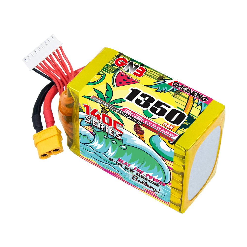 GNB 1350mAh 8S LiPo battery angled view showing graphene wrap, XT60 connector and balance lead