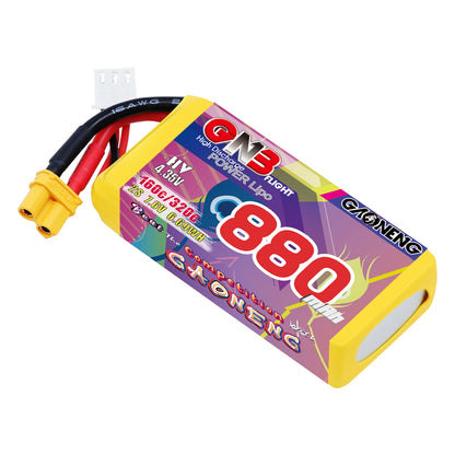 GNB 880mAh 2S LiHV 7.6V 160C battery label close-up with XT30 connector and balance lead