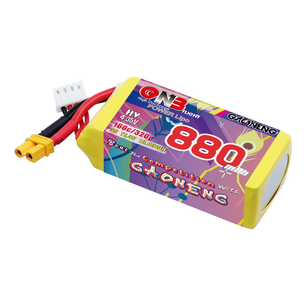 GAONENG GNB 880mAh 3S 11.4V LiHV 160C LiPo battery with XT30 plug and balance lead