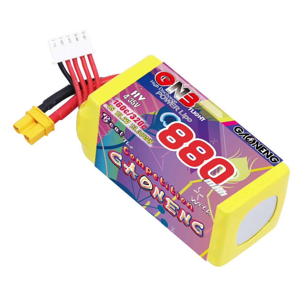GAONENG GNB 880mAh 4S LiHV battery angled view showing label, XT30 plug and balance connector