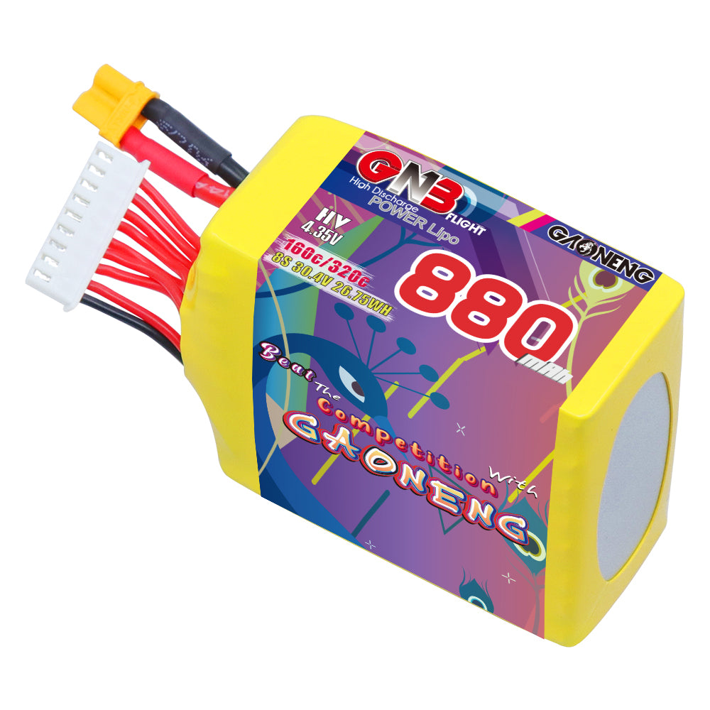 Single GAONENG GNB 880mAh 8S LiHV 30.4V 160C LiPo battery, angled view with XT30 and balance plug