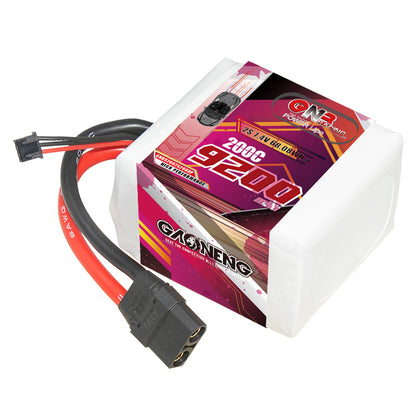 GAONENG GNB 9200mAh 2S 7.4V 200C LiPo battery with XT90 plug and balance lead, angled view