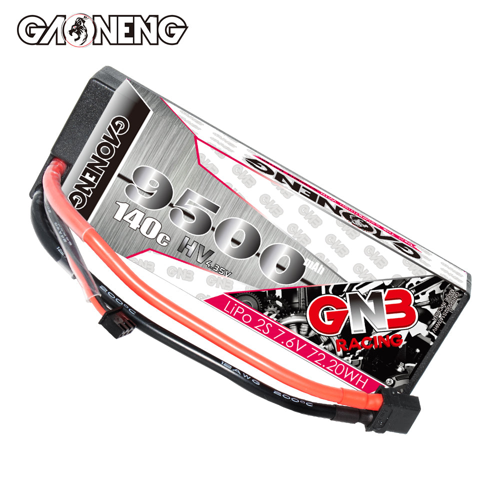 Angled product view of the GNB 9500mAh 2S LiHV hard case battery with XT60 plug